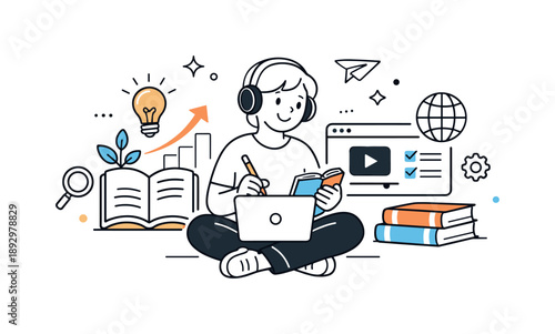 Curiosity and Growth. Lifelong learning mindset. A friendly character exploring an online course, surrounded by abstract symbols of growth, books, and screens,