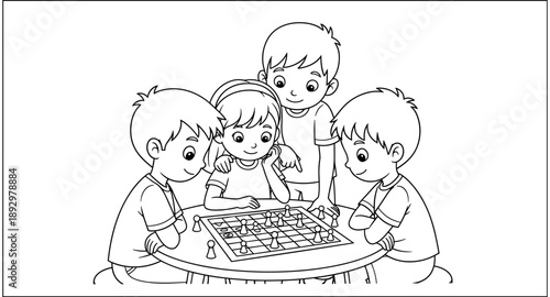 Children gathered around a table playing a strategic board game together