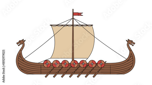 Viking longship sailing on the ocean with shields and sails, viewed from the side