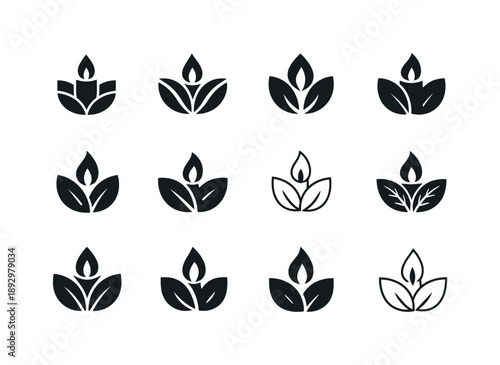 Eco-Friendly Candle Icons. Candle making with eco-friendly wax. Icon set. Set Logo of candle making with eco-friendly wax: natural leaf emblem. harmonious logo