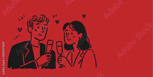 Hand drawn doodle illustration of a couple clinking champagne glasses for a valentine love concept