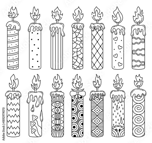Black line candles with abstract geometric and psychedelic patterns. Various decorative candles with melted wax and flame. Outline sign vector set. Cozy candlelight atmosphere linear cliparts
