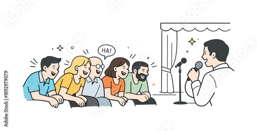Laughing Audience Delight. Live comedy performance reaction. Audience members leaning forward and laughing, with a simple stage and curtain visible. The