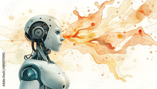 A futuristic robot head with orange flames coming out of its mouth, , depicting a scene of artificial intelligence and technology robot and profession