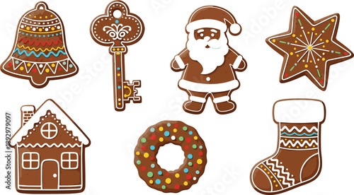 Vector illustration of decorated Christmas gingerbread cookies including Santa, wreath, bell, stocking, festive holiday baking celebration concept