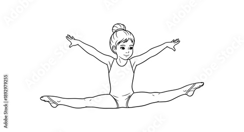 Young gymnast girl performing a perfect split with arms outstretched in a leotard