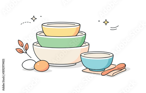 Modern Minimal Kitchenware. Ceramic kitchenware. Mixing bowls shown as a simple still life with soft decorative elements around. Calm organization, warmth, and