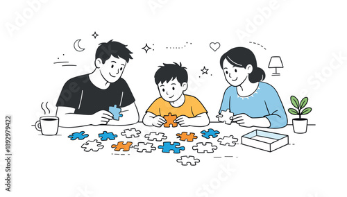 Cozy Puzzle Night. Family doing puzzle home routine. Puzzle pieces spread neatly on the table, cozy atmosphere and slow-paced family evening. Minimalist flat