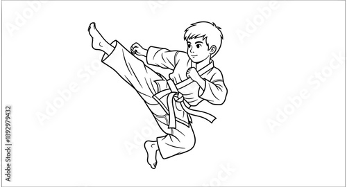 Young boy in karate uniform performing a high kick in mid-air, dynamic action pose