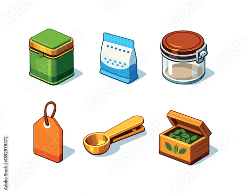 Tea Storage Icons. Tea storage care. Isometric flat vector icons set of tea storage care: airtight tea tin, humidity absorber pack, sealed jar lid, storage