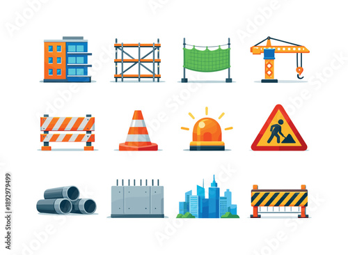 Urban Construction Icons. Urban Construction. Colorful flat vector icons set of Urban Construction: city building facade, exterior scaffolding, safety netting,