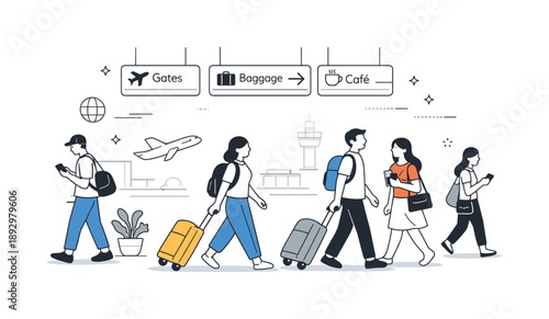 Airport Journey in Motion. Airport travelers. People walking through an airport terminal with suitcases and backpacks, calm movement and clear signage around.