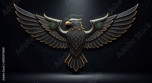 Ornate black and gold eagle emblem, a majestic winged creature symbol of power, freedom, and strength on dark background.