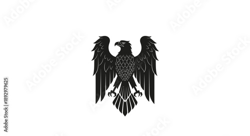 Powerful black eagle heraldic emblem with outstretched wings, symbolizing strength, freedom, and authority, isolated on white background.
