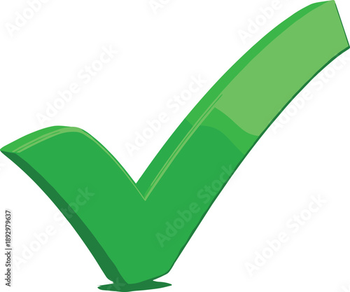 Vector illustration of glossy green check mark with shadow on white background symbolizing approval, correctness, or completion