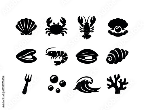 Shellfish Icon Set. Shellfish. Solid icon set of Shellfish: scallop shell, crab, lobster, oyster, mussel, shrimp, clam, shell icon, seafood fork, underwater