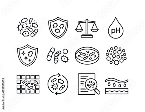 Skin Microbiome Icons. Skin microbiome. Line icon set of Skin microbiome: microbe cluster, protective microbes symbol, balance scale, pH droplet, microbiome