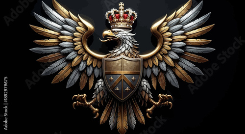 Regal Golden and Silver Heraldic Eagle Emblem with a Crown and Shield, Symbolizing Power, Royalty, and Authority
