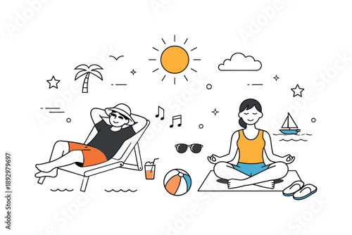 Minimalist Summer Vibes. Summer break lifestyle. A minimal scene with people enjoying vacation time, sun overhead, and light decorative elements around. The