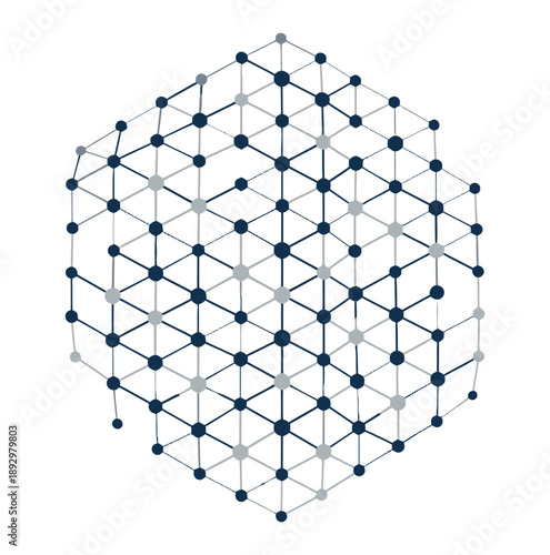 Abstract geometric 3D hexagon network or data structure with interconnected nodes and lines, symbolizing connection and technology concepts