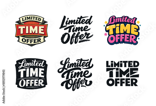 Diverse Lettering Styles. Limited time offer. Set lettering. harmonious lettering variations of the same emblematic concept, each with different artistic