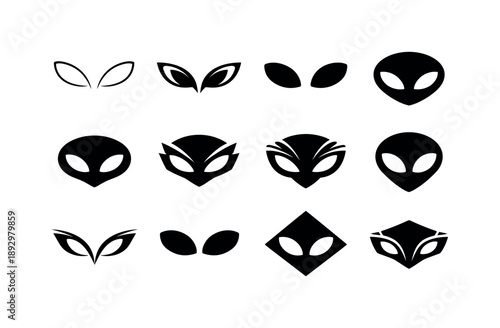 Alien Logo Variations. Aliens. Icon set. Set Logo of aliens: alien eyes close-up. harmonious logo variations of the same emblematic concept, each
