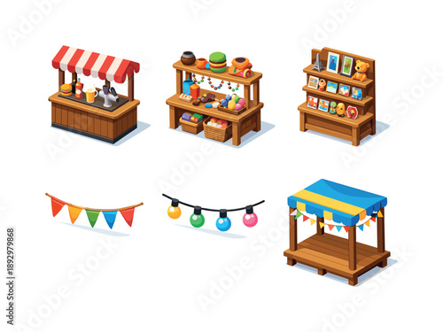 Festive Icon Set. Festive Stall Set. Isometric flat vector icons set of Festive Stall Set: food and drink counter, handicraft display, souvenir rack,