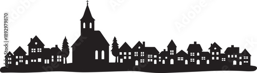 Charming village skyline silhouette vector illustration with church and houses