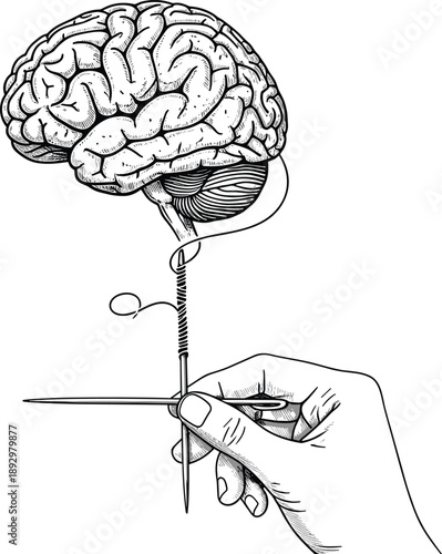 Vector illustration of human brain being stitched with needle and thread, symbolic mental health repair, cognitive intervention concept