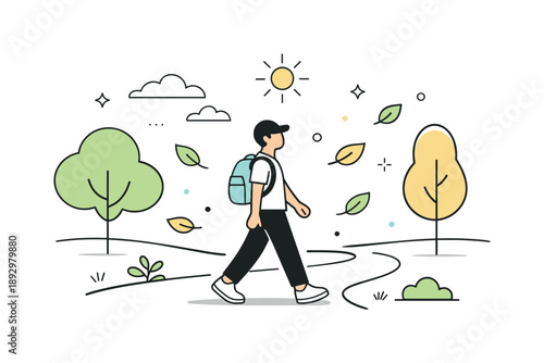 Serene Park Stroll. Walking in the park. A person strolling along a tree-lined path with soft sunlight and abstract leaves floating around. Calm, peaceful