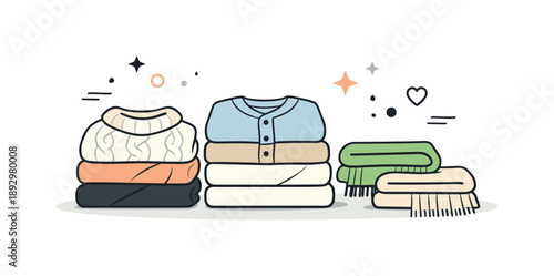 Minimalist Winter Wardrobe. Winter wardrobe organization. Folded sweaters, cardigans, and scarves arranged into tidy stacks, reflecting mindful home