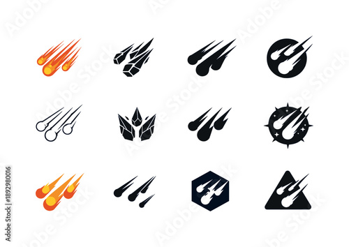 Meteorite Logo Set. Meteorites. Icon set. Set Logo of Meteorites: meteor shower in sky. harmonious logo variations of the same emblematic concept, each with