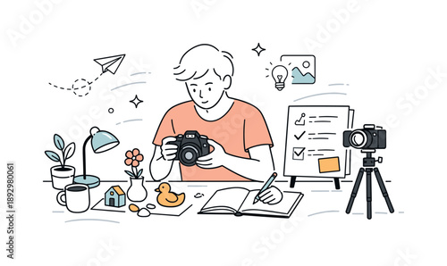 Photography Hobby Setup. Photography hobby setup. A person checking a camera, arranging props, and planning shots for a creative photography session. Calm,