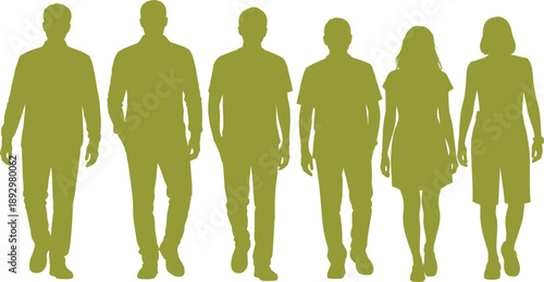 Olive-green silhouettes of diverse people walking forward on white background, symbolizing unity, anonymity, and movement in group dynamics illustration.
