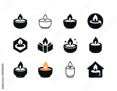 Cozy Winter Icons. Cozy winter home decor ideas for the season. Icon set. Set Logo of Cozy winter home decor ideas for the season: scented candle with flame.