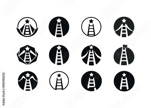 Ambitions Icon Set. Ambitions. Icon set. Set Logo of Ambitions: ladder to goal circle. harmonious logo variations of the same emblematic concept, each with