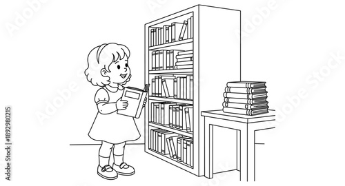 Young girl happily choosing a book from a library bookshelf in a simple line drawing