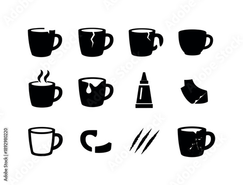 Chipped Mug Icons. Chipped coffee mug. Solid icon set of chipped coffee mug: chipped mug rim, cracked mug edge, broken handle, coffee cup silhouette, steam