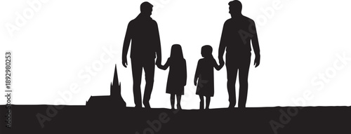 Family walking together vector illustration featuring parents and children near small church spire