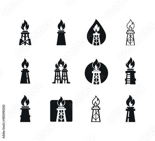 Oil Refinery Icon Set. Oil refinery. Icon set. Set Logo of Oil refinery: refinery flare stack with flame. harmonious logo variations of the same emblematic