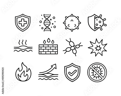 Skin Immunity Icons. Skin immunity. Line icon set of Skin immunity: immune shield, antimicrobial peptide icon, white blood cell symbol, pathogen block icon,