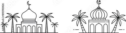 Ramadan mosque line art icon set with palm trees and crescent moon isolated on white background