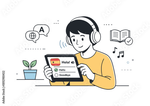 Language Learning Focus. Language learning illustration. A person using a language learning app on a tablet, headphones on, engaging in audio practice with