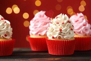 Happy Valentine's Day. Tasty cupcakes with sprinkles on wooden table against red background with blurred lights, closeup