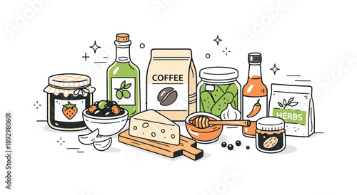 Artisanal Food Display. Artisanal food products. Small-batch jars, bottles, and packages neatly arranged on a table, showing handcrafted ingredients and