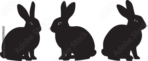 Three rabbits vector illustration set, cute bunny animal silhouettes, various poses on transparent