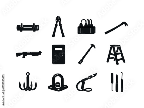 Breaching Tools Icons. Sapper. Solid icon set of breaching tools: battering ram, bolt cutter, explosive breaching charge, pry tool, breaching shotgun