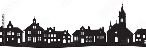 Village skyline vector illustration showing silhouettes of old buildings and church with tall spire