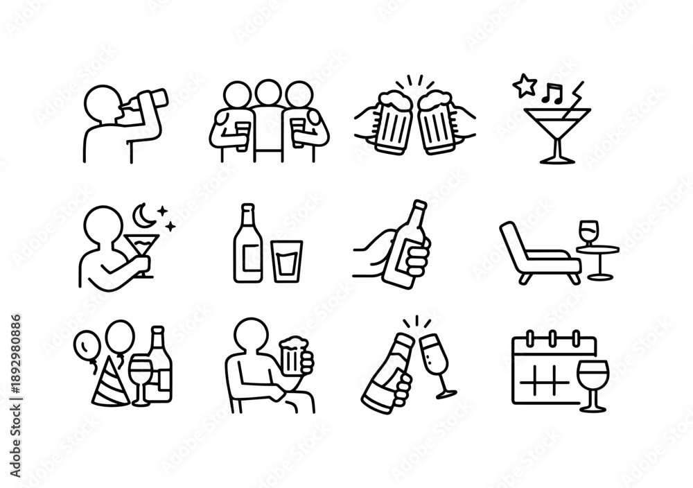 Fototapeta premium Alcohol Icon Set. Alcohol consumption. Line icon set of Alcohol consumption: drinking person, social drinking, toast gesture, party celebration, night out