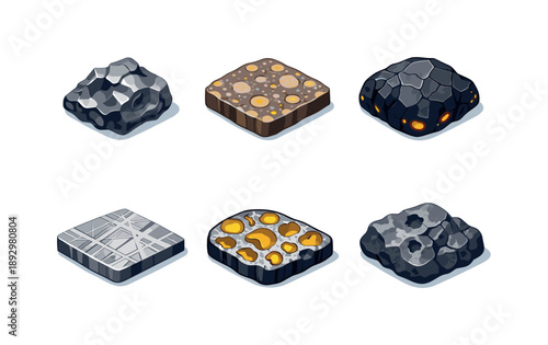 Isometric Meteorite Icons. Meteorite Stone. Isometric flat vector icons set of Meteorite Stone: iron meteorite fragment, stony meteorite slice, fusion crust